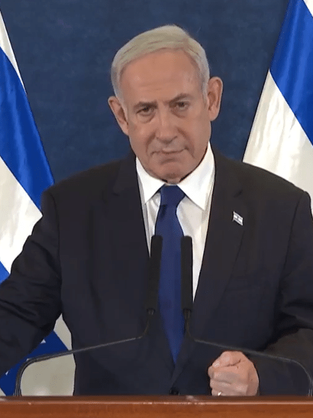 Benjamim Netanyahu, primeiro-ministro de Israel, em pronunciamento à nação após ataques