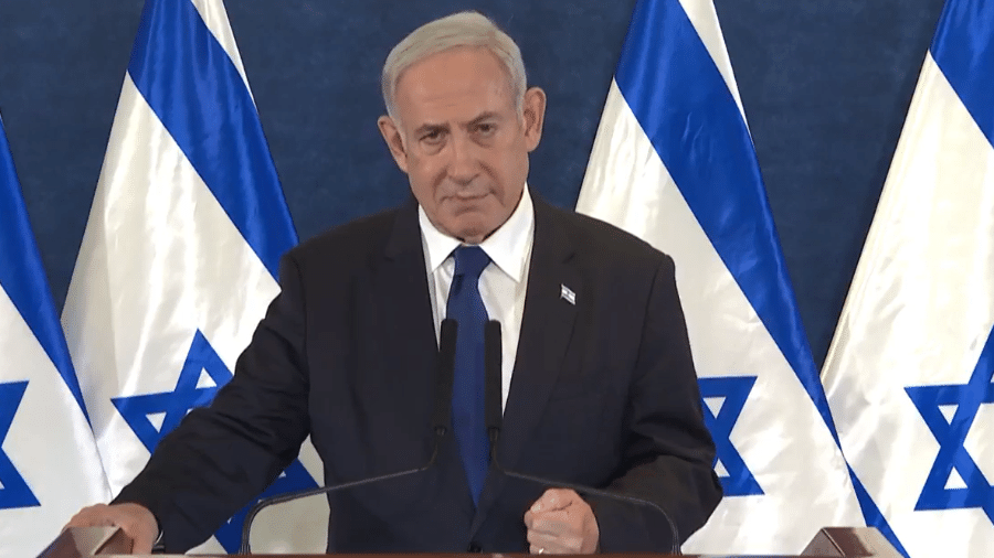 Benjamim Netanyahu, primeiro-ministro de Israel, em pronunciamento à nação após ataques