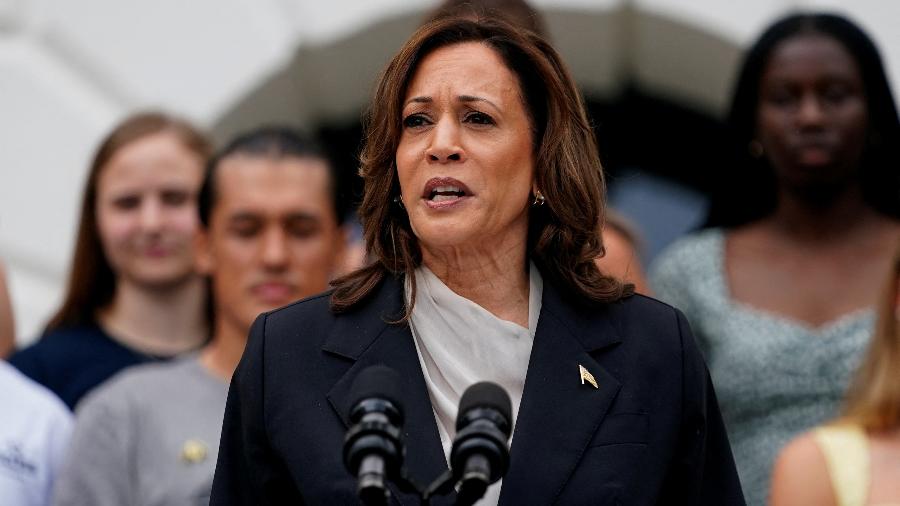 22.jul.24 - A vice-presidente dos EUA, Kamala Harris, em seu primeiro discurso desde que Joe Biden desistiu da corrida eleitoral, no gramado sul da Casa Branca, Washington, EUA