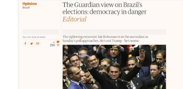 Editorial do jornal The Guardian diz que a democracia do Brasil está em perigo