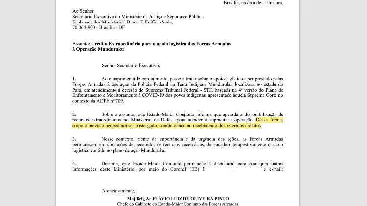 Ofício enviado pelo Ministério da Defesa ao Ministério da Justiça em 21 de maio de 2021 - Divulgação - Divulgação