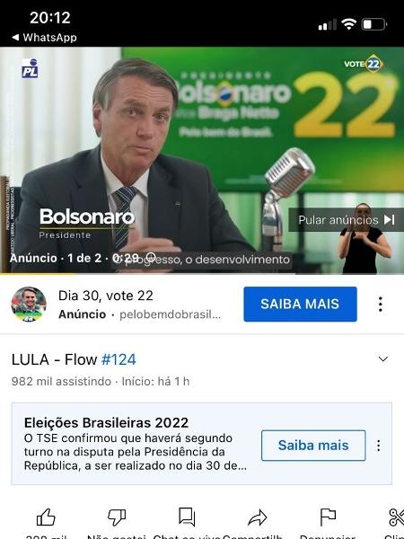 Anúncio de Bolsonaro aparece em live de Lula - Reprodução/YouTube