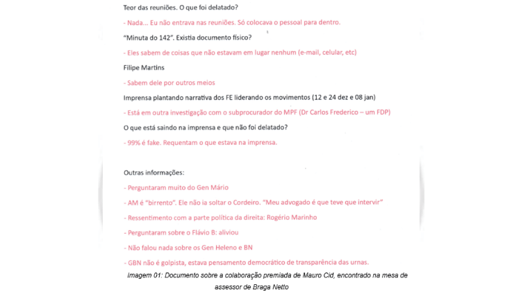 Documento apreendido com coronel Flávio Peregrino sobre delação de Mauro Cid