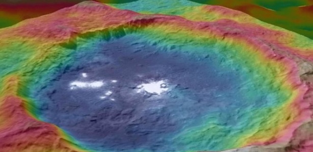 A cratera Occator: cores mostram as diferenças em elevações e também os misteriosos pontos brilhantes  - NASA/JPL-Caltech/UCLA/MPS/DLR/IDA