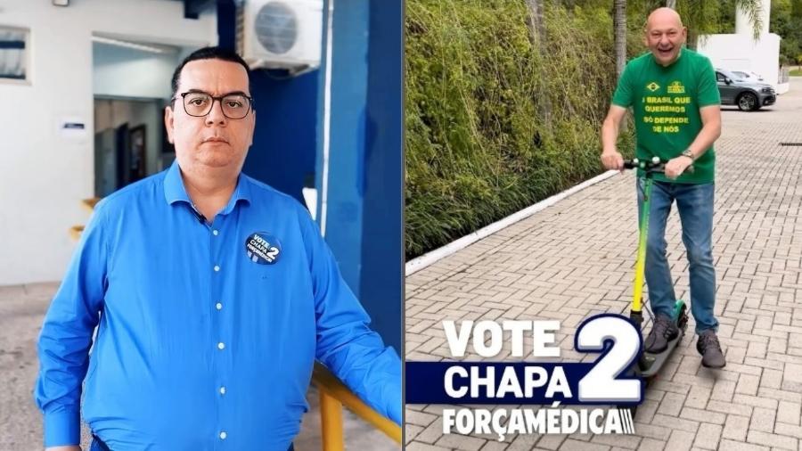 O médico Francisco Cardoso (à esq.) e o empresário Luciano Hang (à dir.) em vídeo pedindo voto à chapa 2 na eleição para o CFM em São Paulo