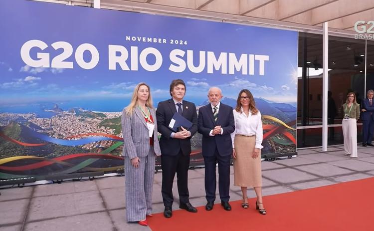 Karina Milei, Javier Milei, Lula e Janja em recepção na Cúpula do G20