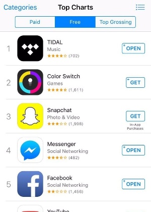 15.fev.2016 - App Tidal fica em primeiro em downloads na App Store americana - Reprodução
