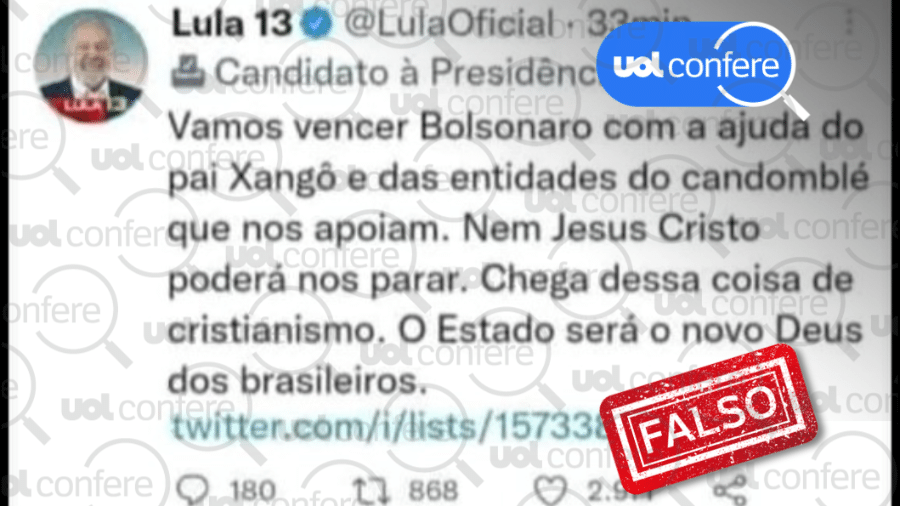 07.out.2022 - Não há nenhum post anti-cristianismo no perfil oficial do Twitter de Luiz Inácio Lula da Silva (PT) - Arte/UOL sobre Reprodução