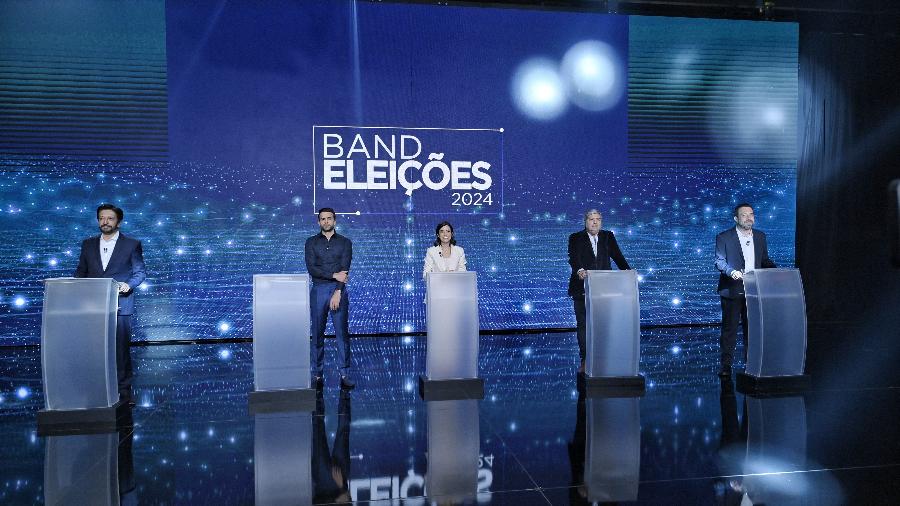 Ricardo Nunes (MDB), Pablo Marçal (PRTB), Tabata Amaral (PSB), José Luiz Datena (PSDB) e Guilherme Boulos (PSOL) no debate da Band