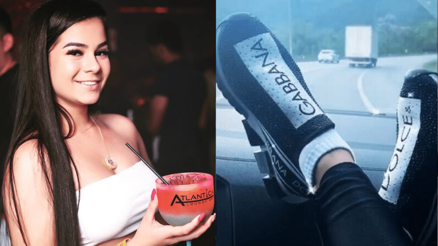 À esquerda, Angélica de Jesus Albercht, com uma bebida na mão; à dir, tênis da Dolce & Gabbana, de Fernanda Natalina dos Santos - Reprodução/Polícia Civil do RJ