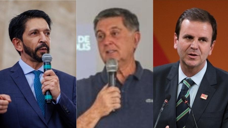 Da esquerda para a direita, os prefeitos Ricardo Nunes, Topazio Neto e Eduardo Paes; de São Paulo, Florianópolis e Rio de Janeiro, respectivamente