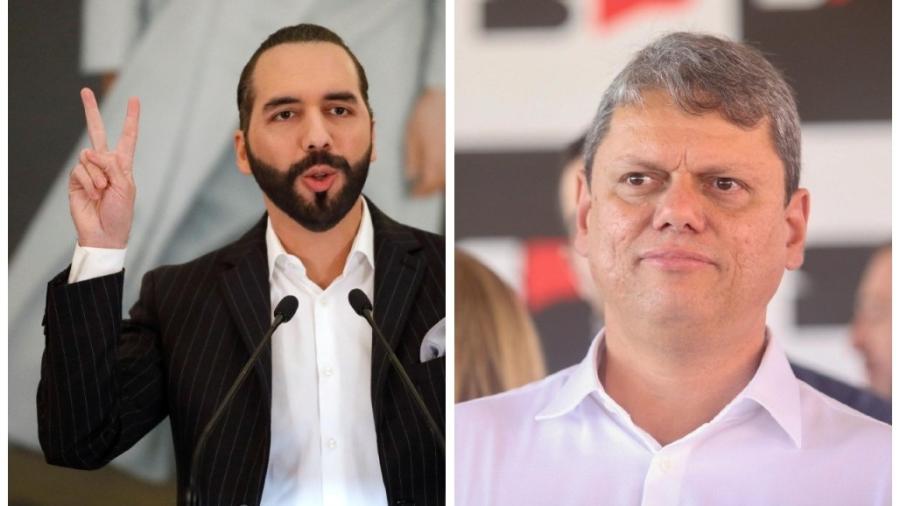 Montagem de fotos do presidente de El Salvador, Nayib Bukele, e do governador Tarcísio de Freitas