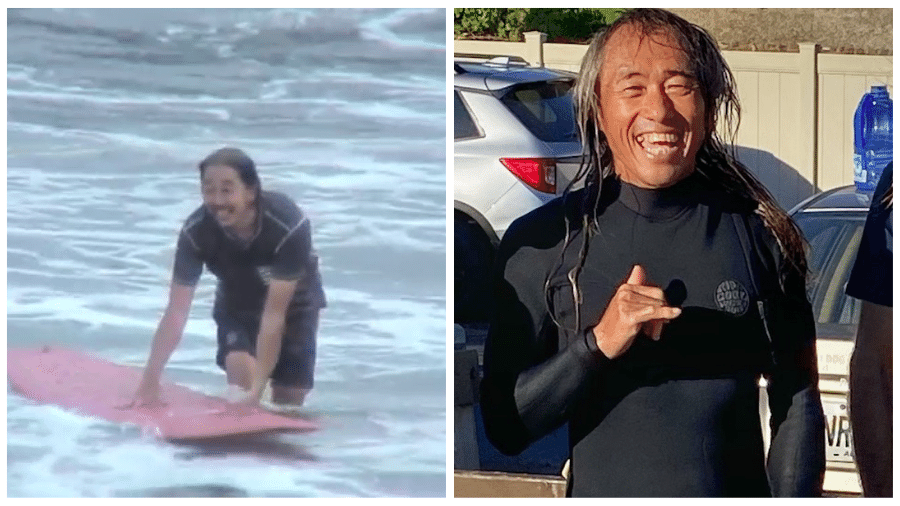 O surfista Kenji Miyauchi foi mordido na perna, logo abaixo do joelho