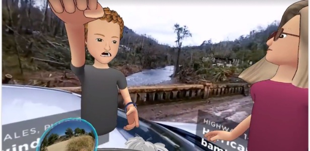 Mark Zuckerberg demonstra nova ferramenta de realidade aumentada em vídeo ao vivo no Facebook, mesclando imagens de seu avatar 3D com a destruição causada pelo furacão Maria, em Porto Rico - Reprodução