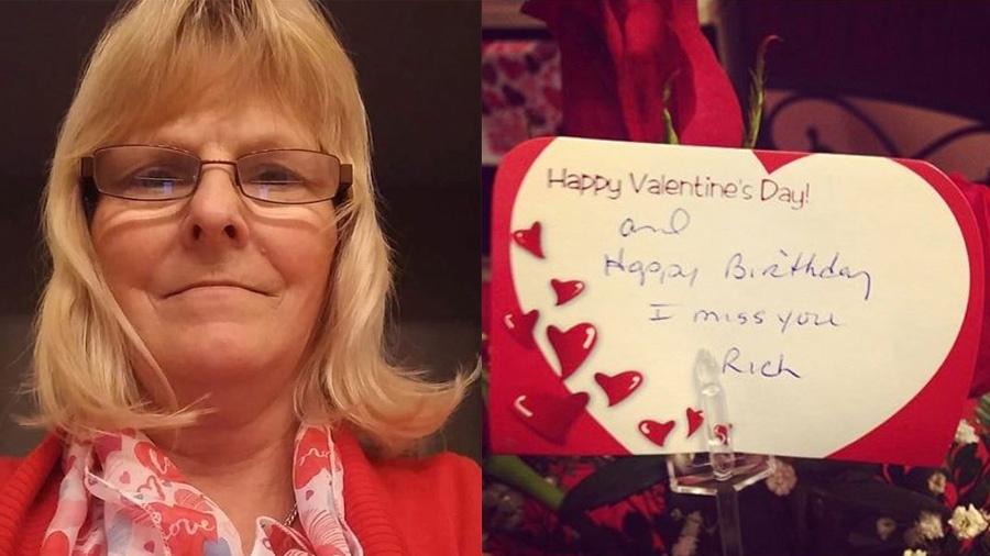 Tracey e o cartão que veio no buquê de flores no Valentine"s Day de 2020 - Reprodução/Facebook