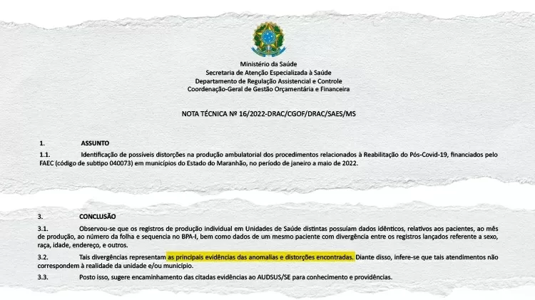 Documento interno do Ministério da Saúde indica "evidências das anomalias e distorções" nos  atendimentos pós-covid no Maranhão - Reprodução - Reprodução