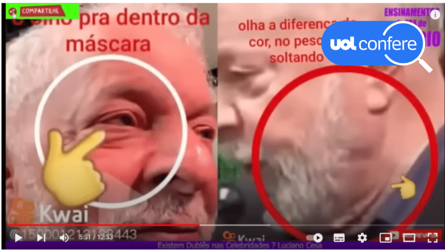 Teoria conspiratória aponta supostos indícios de que o Lula que aparece em agendas públicas é um impostor com uma máscara - Arte/UOL sobre Reprodução Youtube