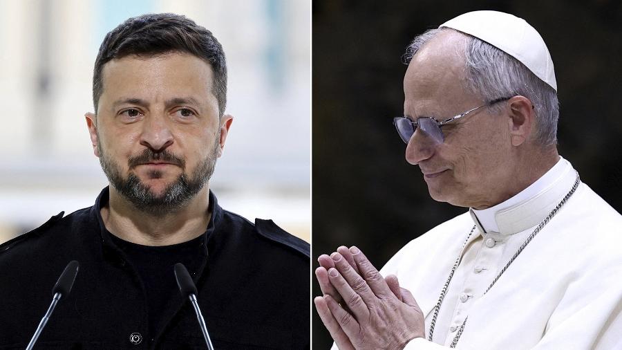 O presidente da Ucrânia, Volodymyr Zelensky, conversou por telefone com o papa Leão 14 - Ludovic Marin/Pool via Reuters e Guglielmo Mangiapane/Reuters