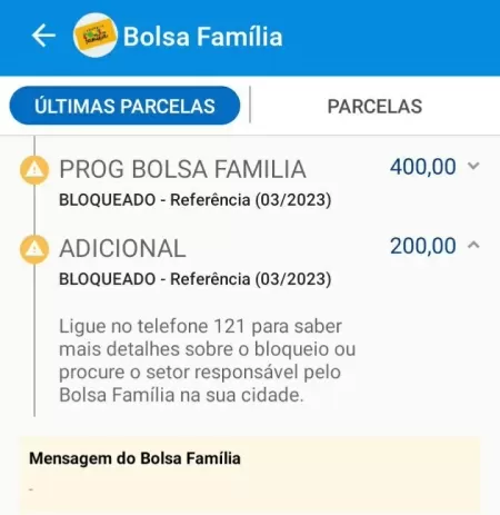 Tela de aplicativo de consulta do Bolsa Família mostra o bloqueio da parcela de março - Reprodução/Telegram - Reprodução/Telegram