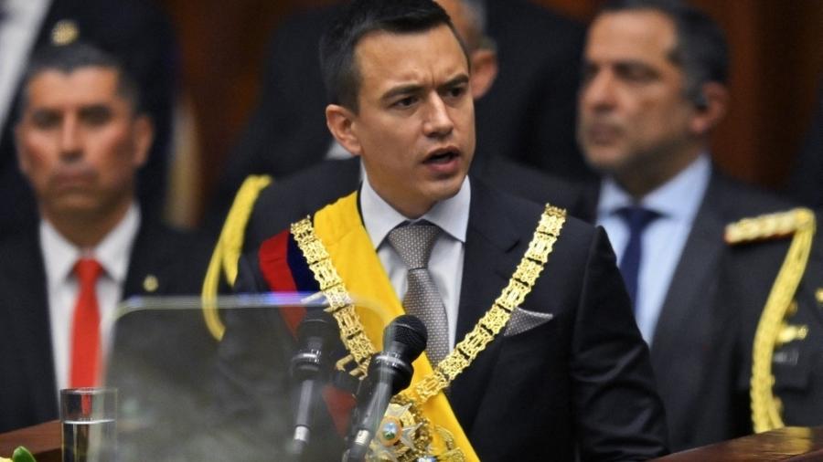 23.nov.2023 - O presidente do Equador, Daniel Noboa, faz seu primeiro discurso durante a posse na Assembleia Nacional em Quito