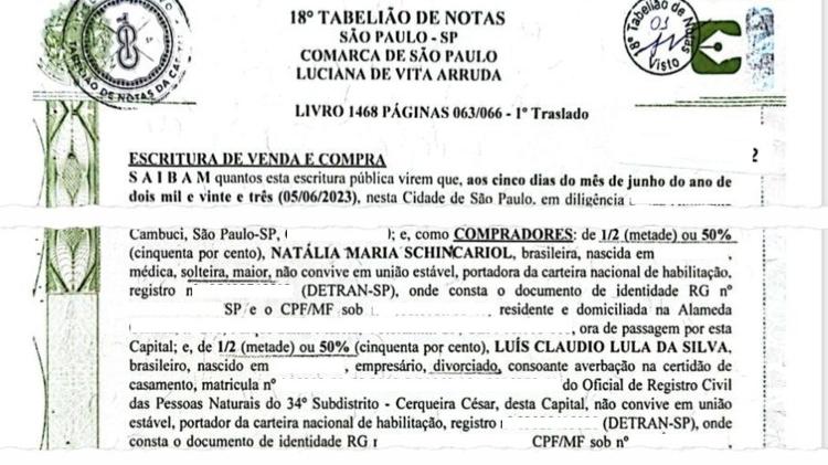 Documento de venda e compra de imóvel, de 5 de junho de 2023, mostra que Natália e Luís Claudio não tinham união estável