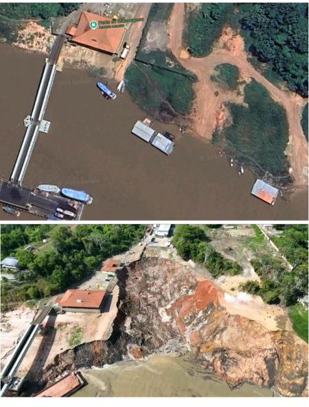 Imagem de satélite mostra como era o Porto de Manacapuru antes e depois de deslizamento