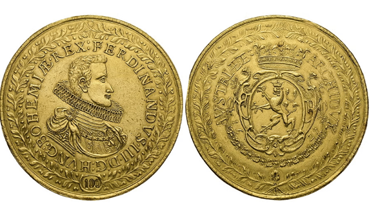 Moeda de ouro de 100 ducados de Fernando III de Habsburgo, cunhada em 1629, quando ele era arquiduque da Áustria, rei da Hungria, Croácia e Boêmia