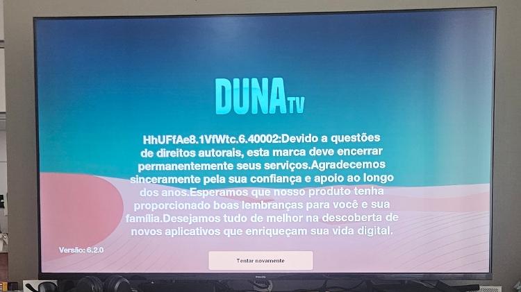 Imagem mostra TV com mensagem de erro do serviço Duna TV
