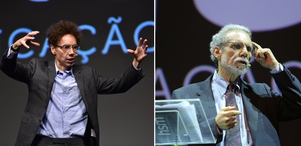 Malcolm Gladwell (à esq) e Daniel Goleman durante palestra na HSM Expomanagement - Divulgação/@_openspace_