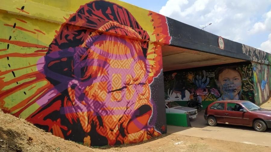 Grafites do índio Raoni e da ativista Greta Thunberg em viaduto de Sinop (MT) - Marcos Silva/Divulgação