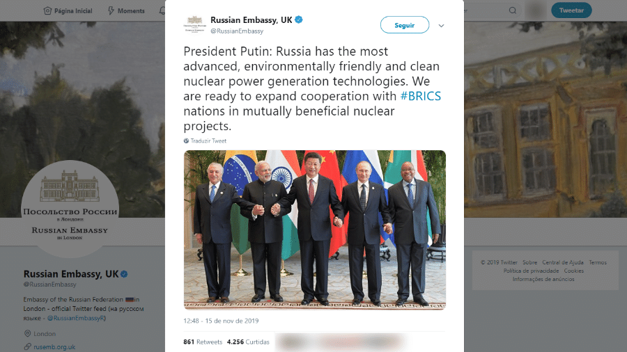 15.nov.2019 - Embaixada russa "esquece" de Bolsonaro em foto do Brics - Reprodução/Twitter
