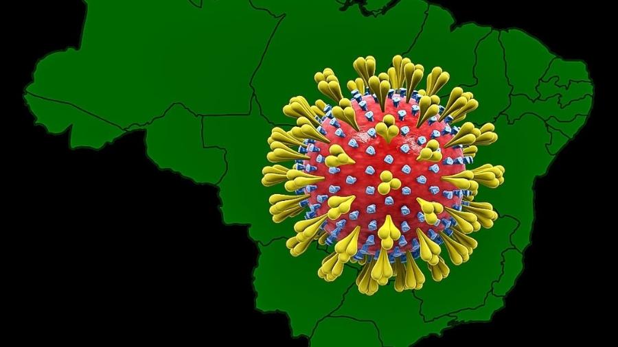 30.jan.2020 - Ilustração do coronavírus em 3D e mapa do Brasil. O Ministério da Saúde informou, até quarta-feira (29), a existência de nove casos suspeitos de infecção pelo coronavírus no Brasil. Nenhum caso foi confirmado ainda - Cadu Rolim/Fotorarena/Estadão Conteúdo