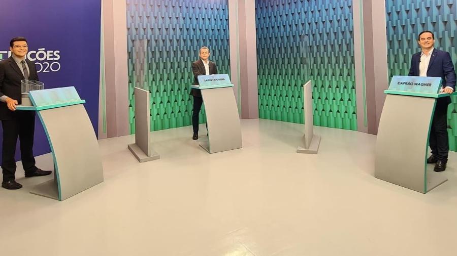 Os candidatos Sarto (PDT) e Capitão Wagner (PROS), durante debate na TV Verdes Mares, afiliada da Globo em Fortaleza - TV Verdes Mares