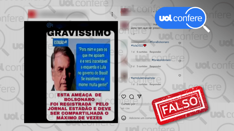 6.abr.2022 - É falso que Bolsonaro disse ao jornal O Estado de S. Paulo que "vai morrer muita gente" se Lula for eleito - Arte/UOL sobre Reprodução/Instagram @sempre.esquerda