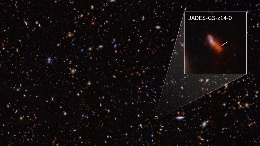 JADES-GS-z14-0 é a galáxia mais distante fotografada pelo Telescópio Espacial James Webb JADES-GS-z14-0 é a galáxia mais distante fotografada pelo Telescópio Espacial James Webb