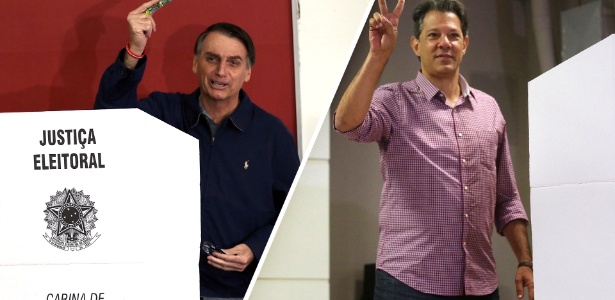 Jair Bolsonaro (PSL), à esq., e Fernando Haddad (PT) na votação do 1º turno das eleições