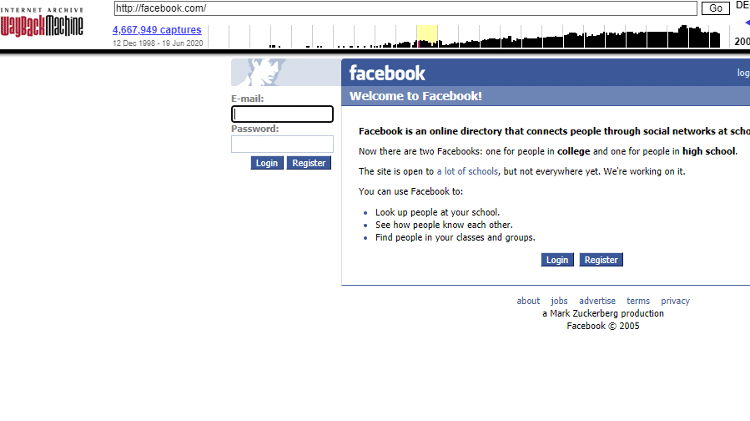 Página inicial do Facebook em janeiro de 2005, resgatada pela WayBack Machine Página inicial do Facebook em janeiro de 2005, resgatada pela WayBack Machine