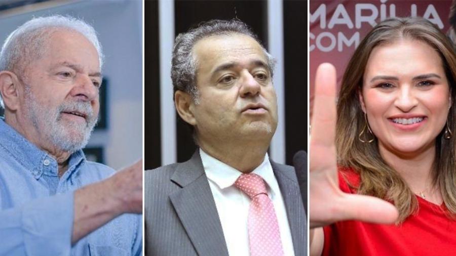 O ex-presidente Lula (PT) e seus dois apoiadores em Pernambuco: deputados Danilo Cabral (PSB) e Marília Arraes (SD) - Arte/UOL