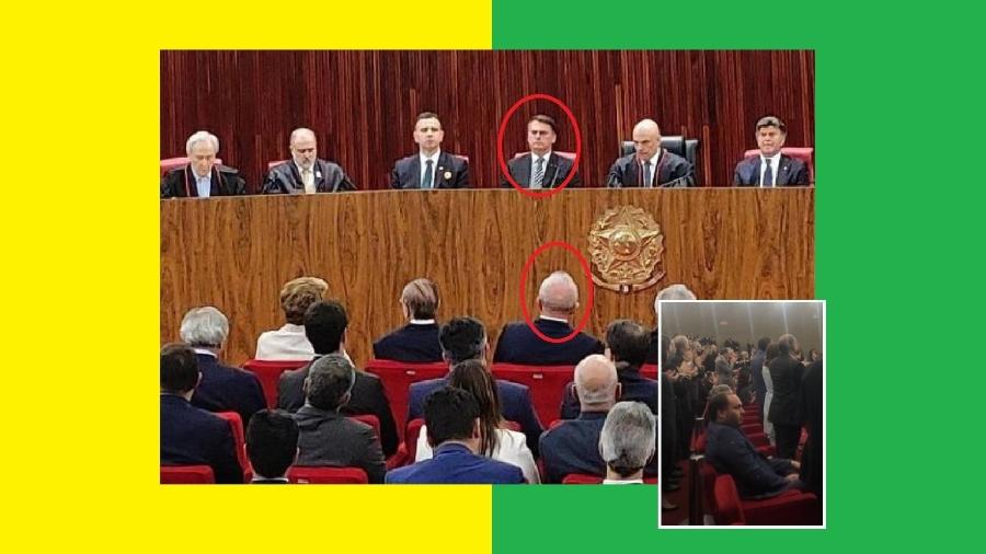 Na disposição das cadeiras, Bolsonaro, de cara amarrada, ficou frente a frente com Lula; no destaque, Carlos Bolsonaro, que nem se levantou nem aplaudiu ao fim do discurso de Alexandre de Moraes; seu pai também evitou as palmas - Mateus Vargas/Folhapress; Reprodução; redes sociais
