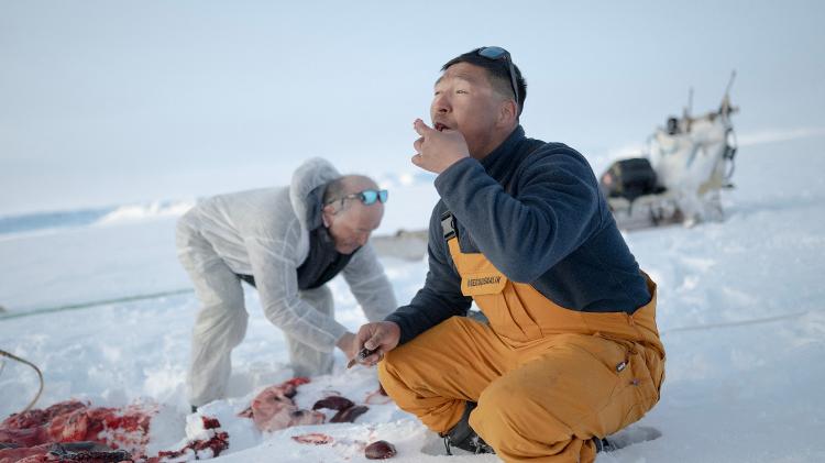 O caçador Hjelmer Hammeken, vestindo um traje de camuflagem branco, e Martin Madsen comem o fígado de uma foca que acabaram de matar