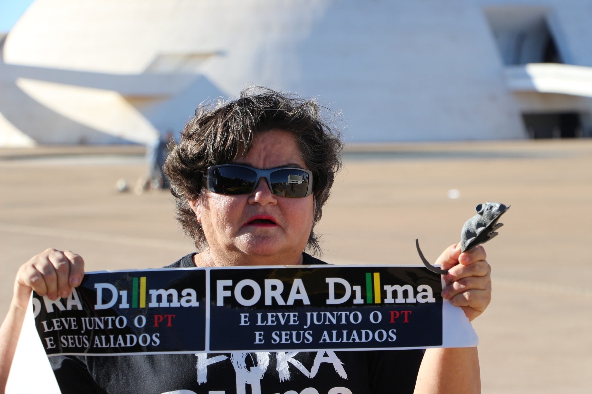 16.ago.2015 - Mulher segura faixa e rato de plástico em protesto contra o governo de Dilma Rousseff e o PT em Brasília, neste domingo (16) - Charles Sholl/Futura Press/Estadão Conteúdo