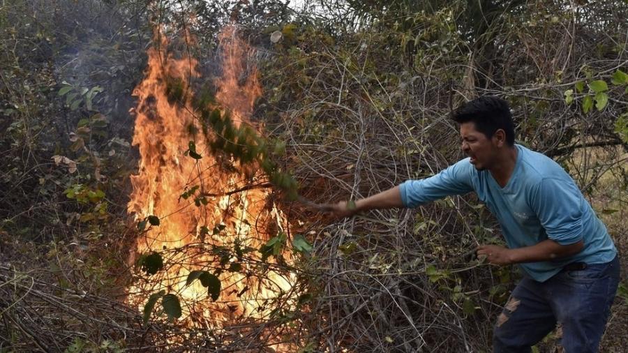Voluntário auxilia frente criada contra queimadas na Bolívia - AFP