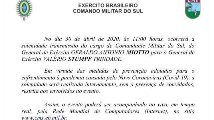 Convite para a cerimônia de transmissão de cargo Comandante Militar do Sul - Reprodução