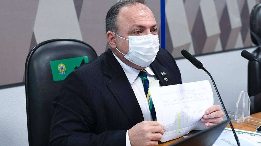 19.mai.2021 - O ex-ministro da Saúde, general Eduardo Pazuello, durante depoimento à CPI da Covid - Jefferson Rudy/Agência Senado