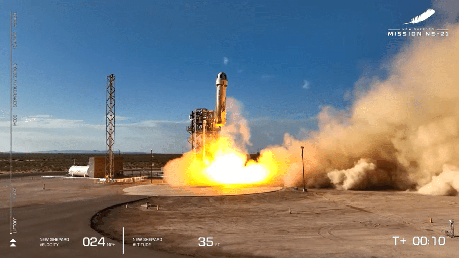 Missão NS-21 da Blue Origin, em junho de 2022, contou com brasileiro em voo de turismo espacial; falha no fim do ano passado fez empresa interromper lançamentos - Reprodução/Blue Origin