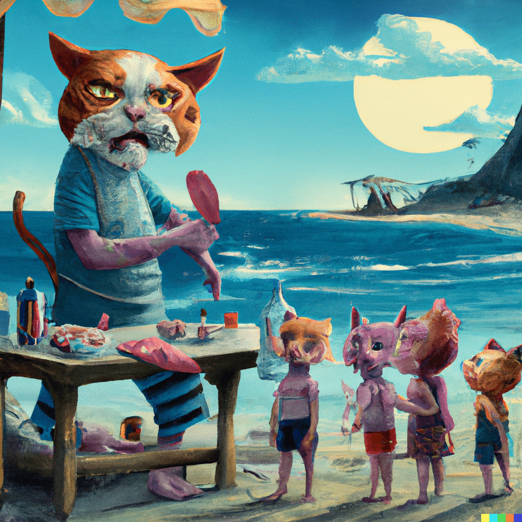 Pedido: 'homem com cabeça de gato vendendo picolé para crianças com cabeça de peixe numa praia em Marte' - Reprodução/DALL-E 2