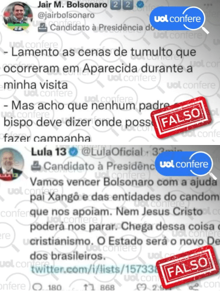 27.out.2022 - Tuítes falsos usam imagens de Jair Bolsonaro (PL) e Luiz Inácio Lula da Silva (PT) em desinformações com temática religiosa - Arte/UOL Confere sobre Reprodução