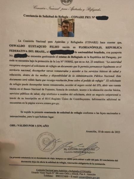 Documento de refúgio de Oswaldo Eustáquio obtido no Paraguai com intermediação do Congresso de lá