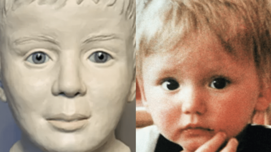 À esquerda, rosto do menino encontrado morto na Alemanha reconstruído digitalmente; à direita, Ben Needham, com 1 ano e 9 meses