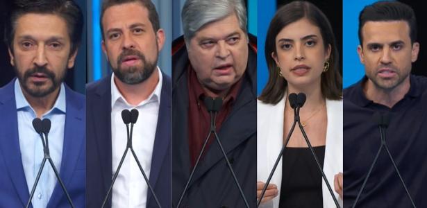 Ricardo Nunes, Guilherme Boulos, José Luiz Datena, Tabata Amaral e Pabo Marçal em debate da Globo